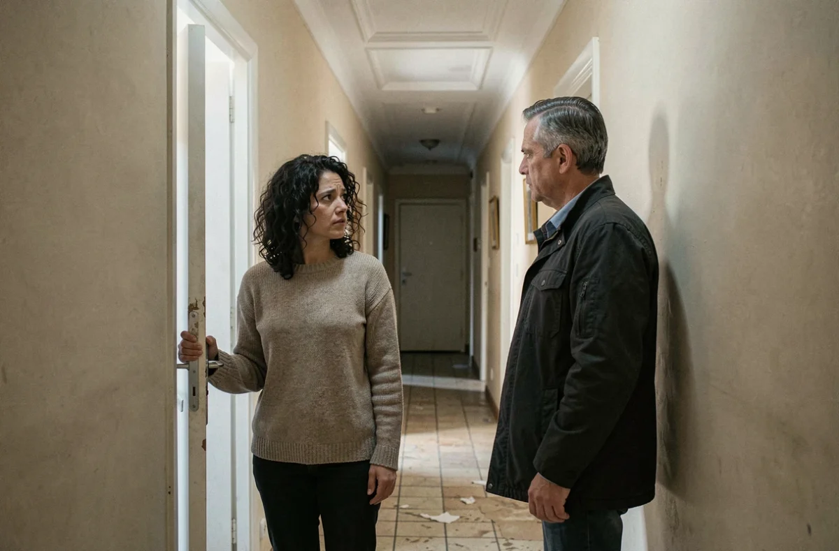 Locataire tenant sa porte entrouverte face à son propriétaire dans le couloir d'un immeuble résidentiel, illustrant un désaccord sur le droit d'accès au logement