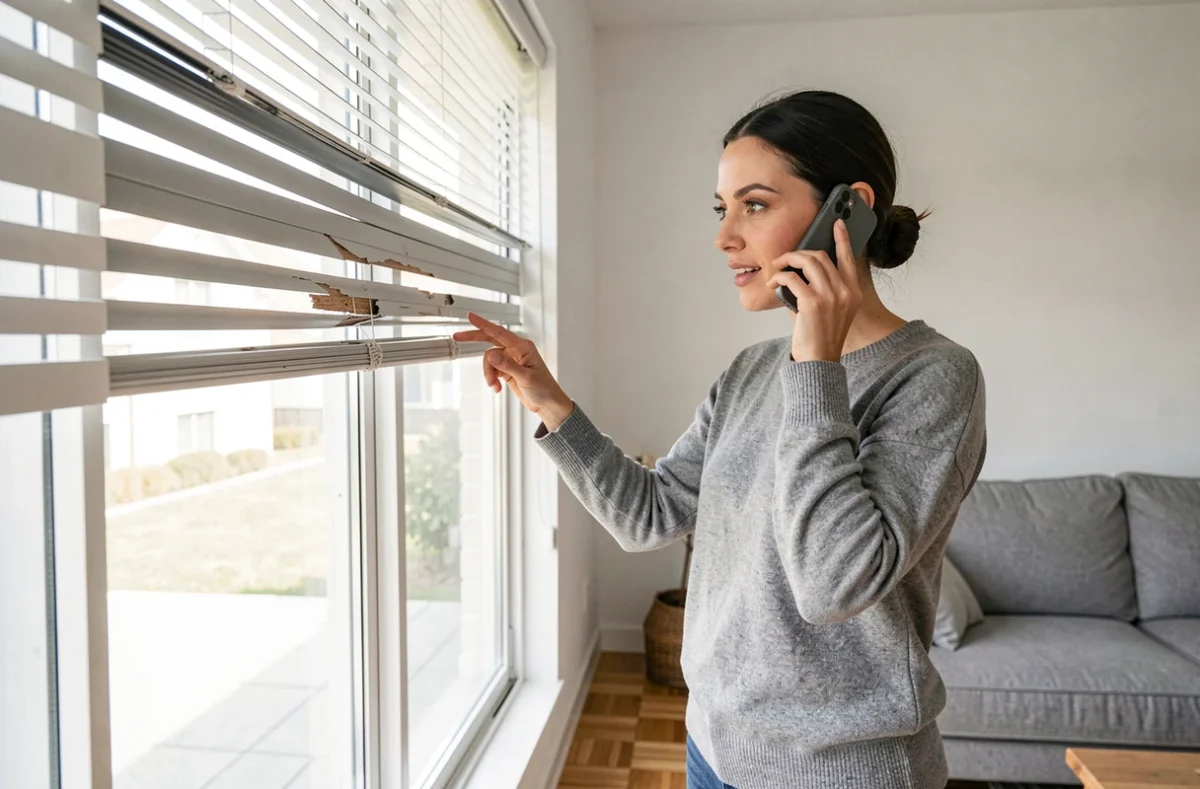 Femme locataire contactant son propriétaire ou son assurance pour signaler un volet roulant bloqué dans un appartement