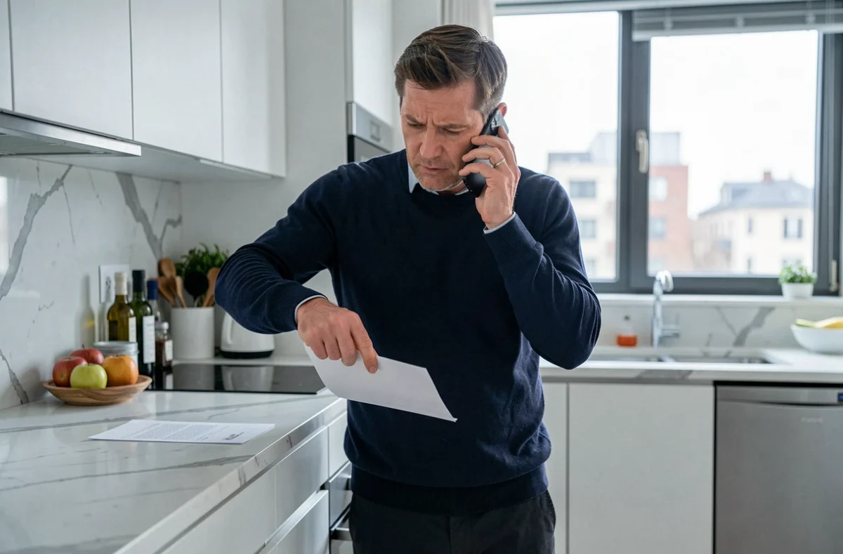Locataire au téléphone consultant un courrier concernant le remboursement de sa caution locative