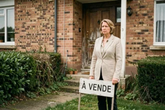 Femme devant une maison à vendre avec panneau immobilier dans le jardin, expression préoccupée