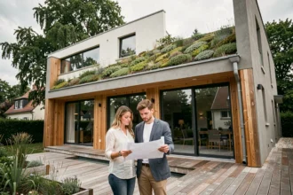Couple devant une maison moderne à ossature bois avec toiture végétalisée, illustrant les tendances architecturales de 2026