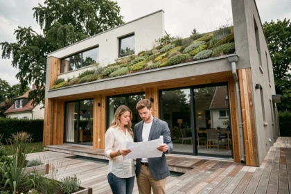 Couple devant une maison moderne à ossature bois avec toiture végétalisée, illustrant les tendances architecturales de 2026