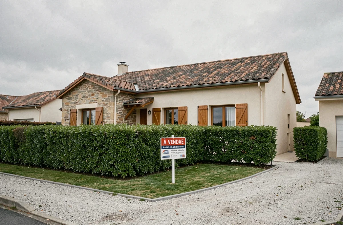 Maison individuelle à vendre avec panneau immobilier symbolisant une garantie hypothécaire