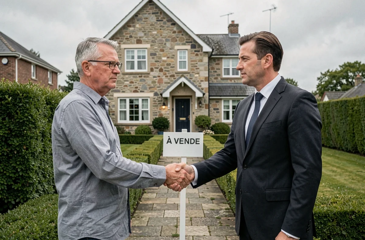 Vendeur immobilier serrant la main d'un agent devant une maison à vendre pour négocier le meilleur prix