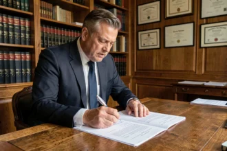 Notaire examinant un contrat hypothécaire dans un bureau juridique traditionnel