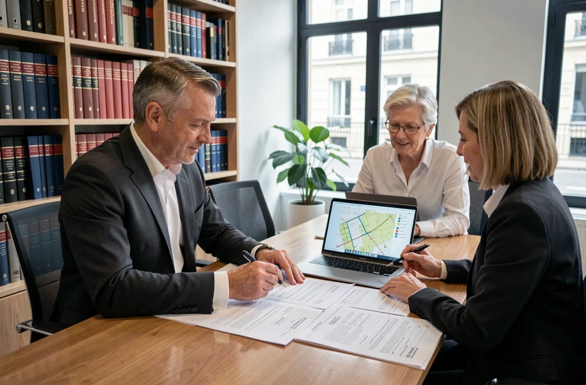 Notaire présentant les documents de modification du PLU à un couple souhaitant rendre leur terrain constructible