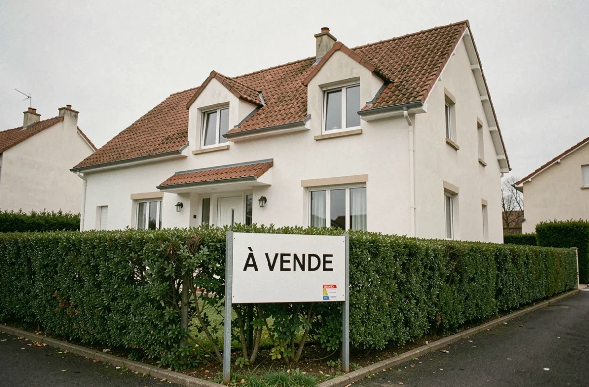 Panneau À Vendre devant une maison pavillonnaire française sans étiquette DPE visible