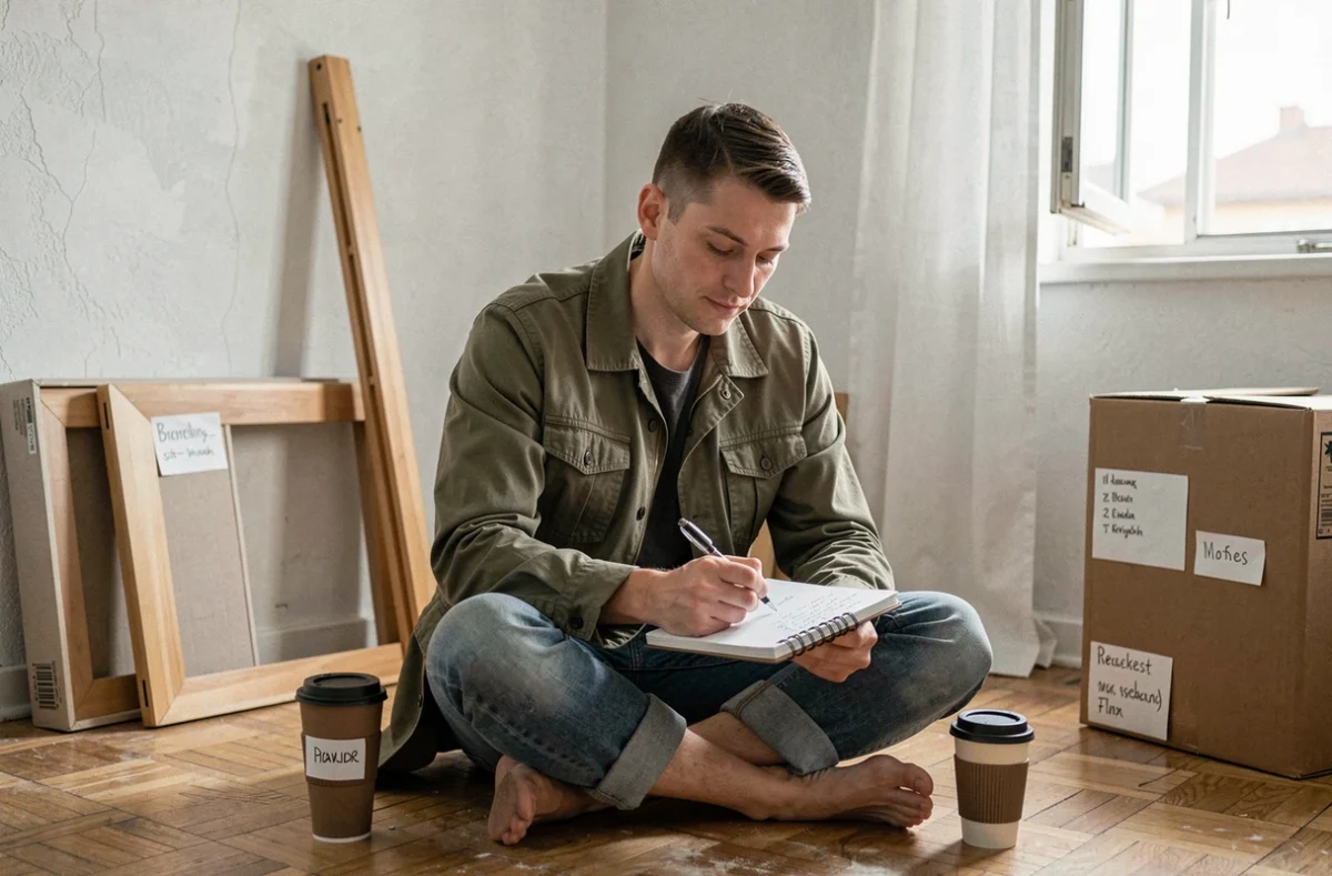 Personne seule consultant une liste de tâches entourée de cartons dans un appartement vide pendant un déménagement