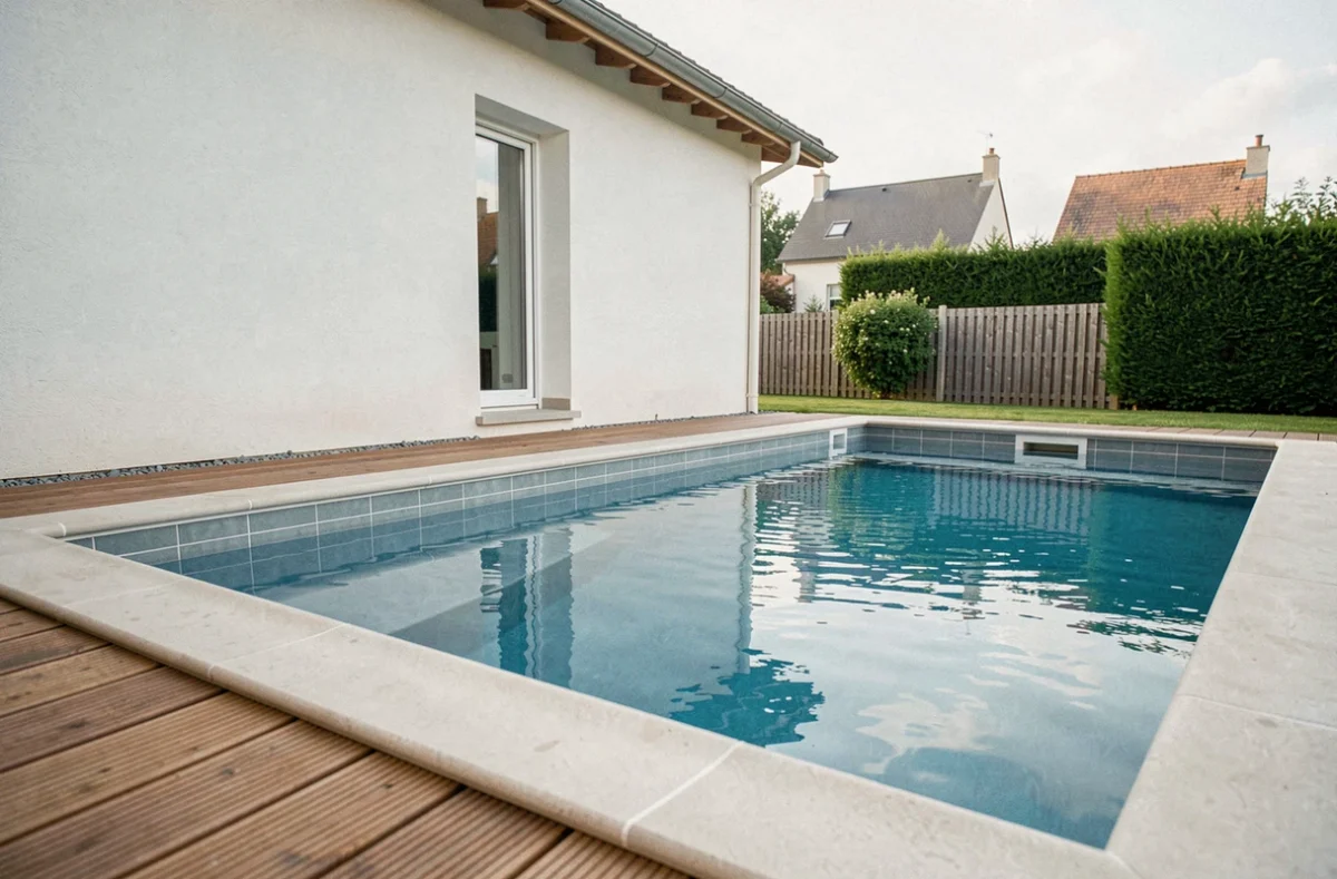 Piscine hors-sol installée à proximité immédiate du mur d'une maison individuelle dans un jardin résidentiel