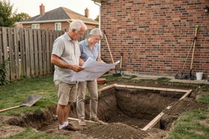 Couple de propriétaires examinant les plans d'installation d'une piscine dans leur jardin, juste à côté de la maison