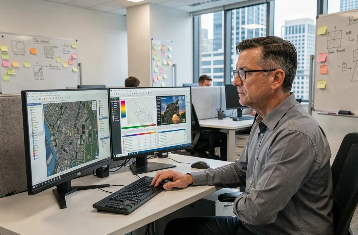 Planificateur urbain analysant des données cartographiques SIG sur ordinateur pour un projet de développement métropolitain