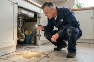 Plombier inspectant une fuite d'eau sous un évier de cuisine dans un appartement français
