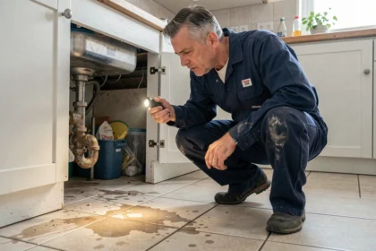 Plombier inspectant une fuite d'eau sous un évier de cuisine dans un appartement français