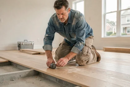 Artisan posant un parquet en chêne massif dans une maison en cours de rénovation, travaux qui augmentent la valeur immobilière