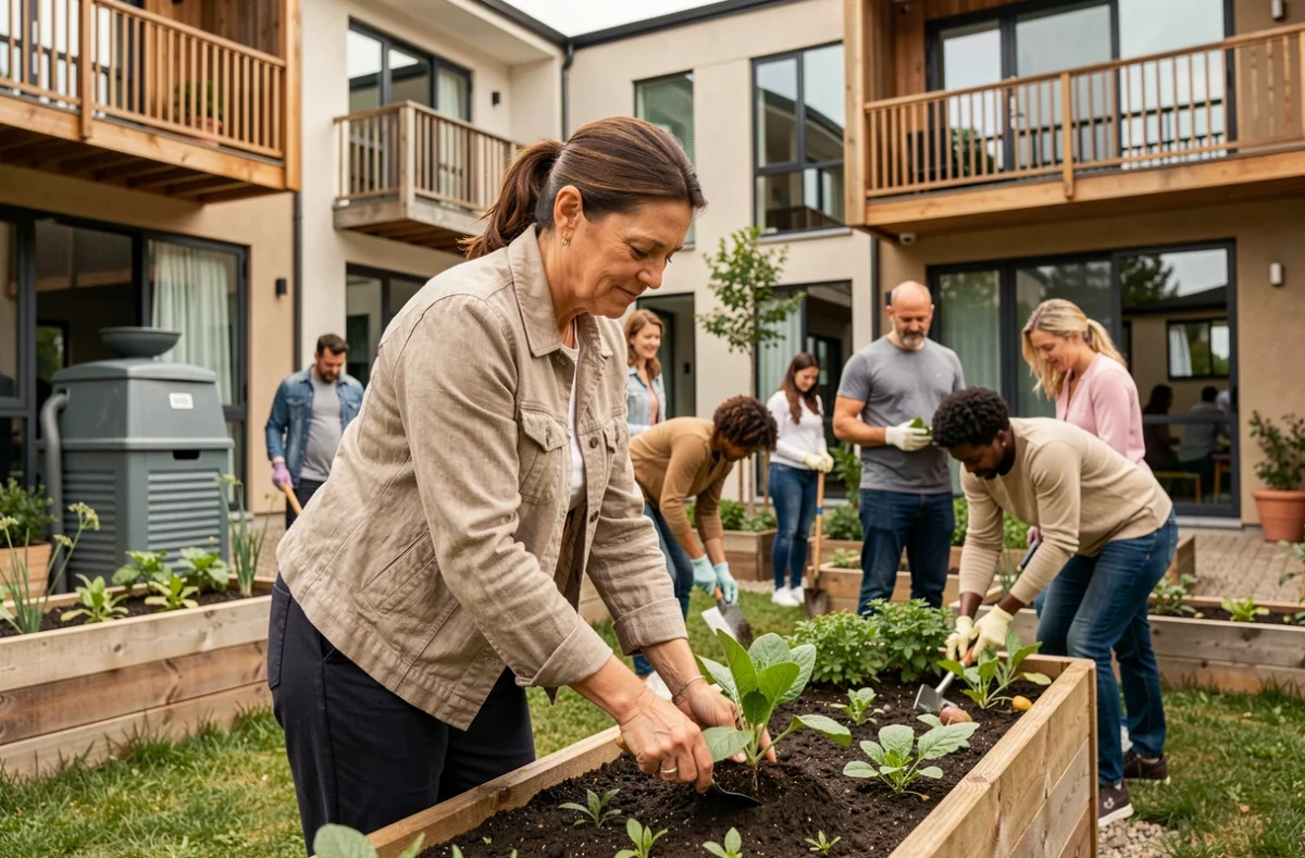 Femme entretenant un potager collectif dans la cour intérieure d'un écoquartier résidentiel contemporain