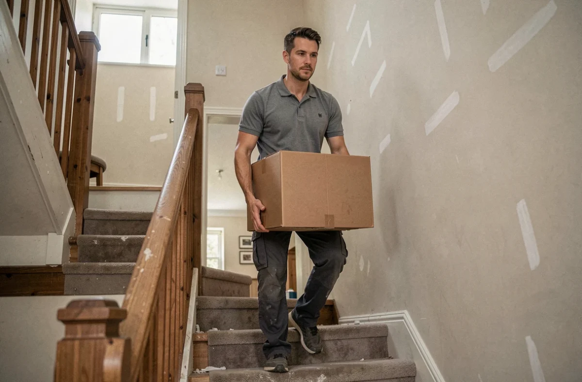 Professionnel du vidage de maison descendant des cartons dans une maison vide avant vente immobilière