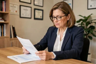 Propriétaire immobilière examinant un contrat de bail dans une agence pour se protéger contre les loyers impayés