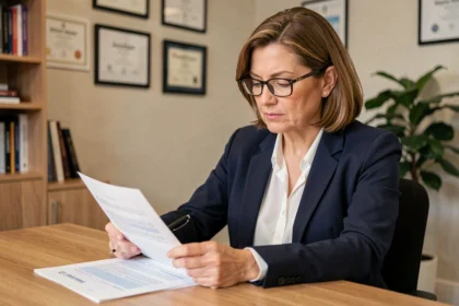 Propriétaire immobilière examinant un contrat de bail dans une agence pour se protéger contre les loyers impayés