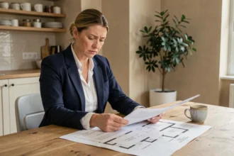 Propriétaire étudiant des documents immobiliers pour éviter les pertes financières lors de la vente de sa maison