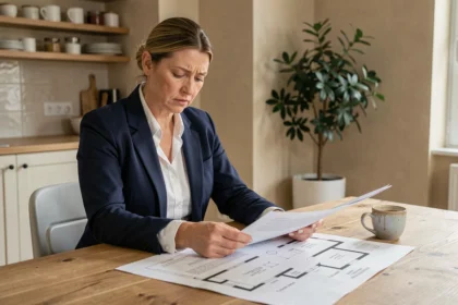 Propriétaire étudiant des documents immobiliers pour éviter les pertes financières lors de la vente de sa maison