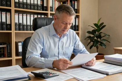 Propriétaire immobilier examinant des documents fiscaux liés aux revenus fonciers à son bureau à domicile