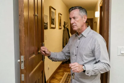 Propriétaire frappant à la porte d'un appartement loué, tenant des clés à la main, illustrant la question du droit d'entrée sans autorisation du locataire