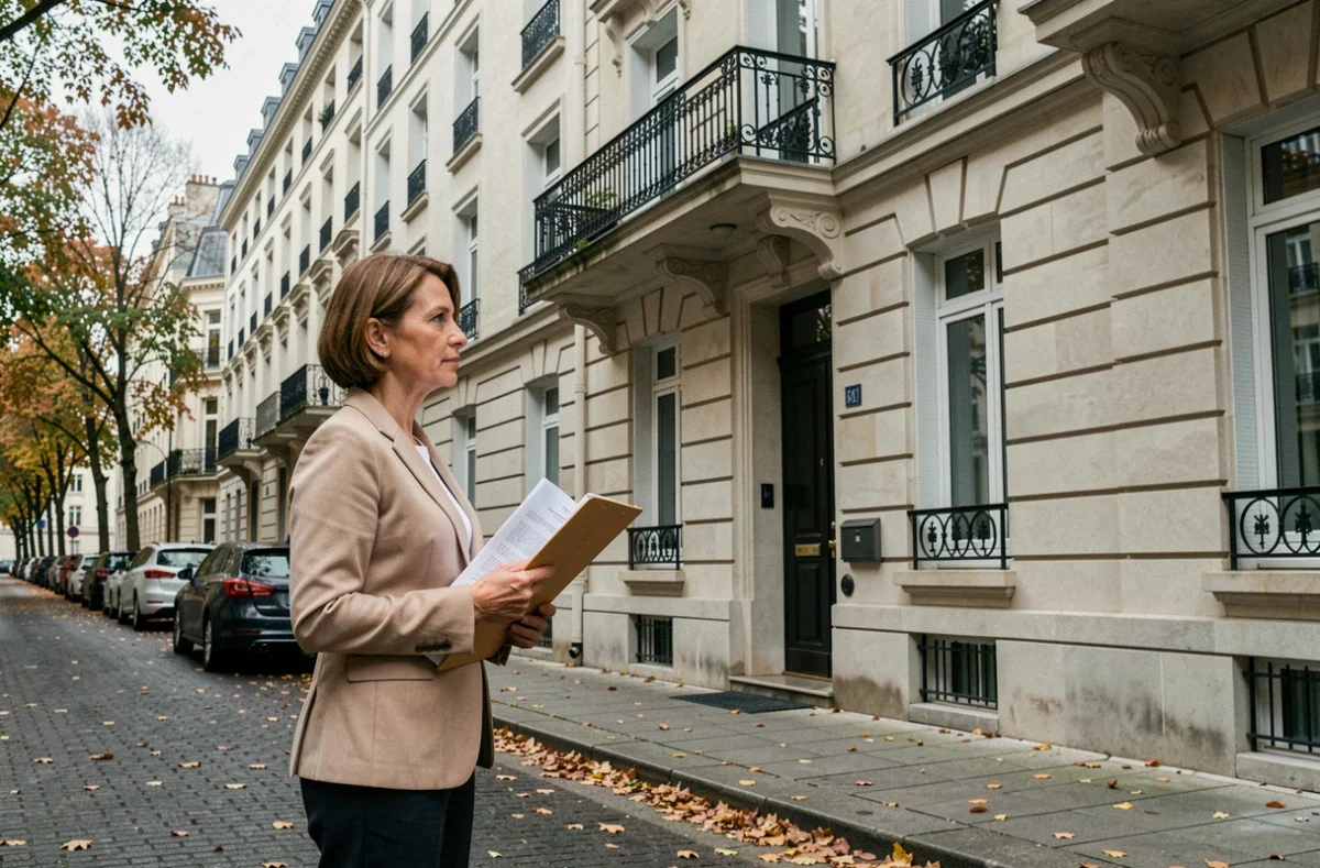 Femme propriétaire tenant des documents devant un immeuble résidentiel dans le cadre d'une SCI familiale