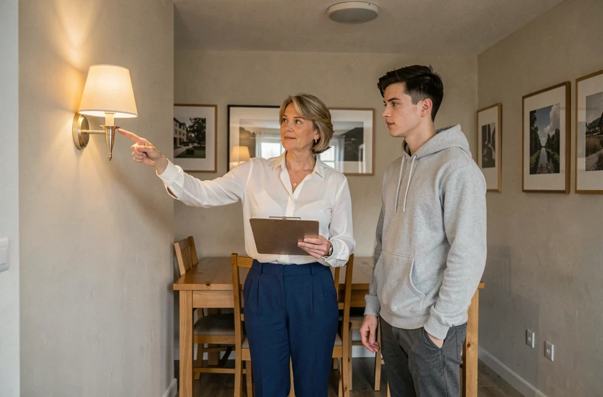 Propriétaire et locataire discutant du remplacement des ampoules lors d'un état des lieux dans un logement meublé