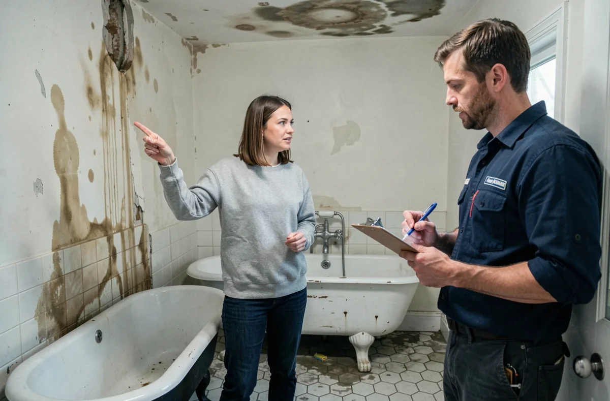 Propriétaire et plombier discutant d'un mur humide et taché dans une salle de bain ancienne nécessitant un remplacement de la plomberie