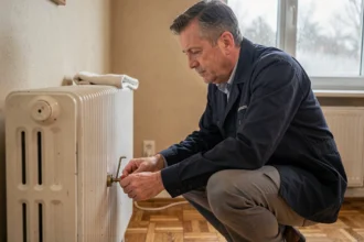 Un technicien purgeant un radiateur en fonte blanche dans un appartement français avec une clé de purgeur