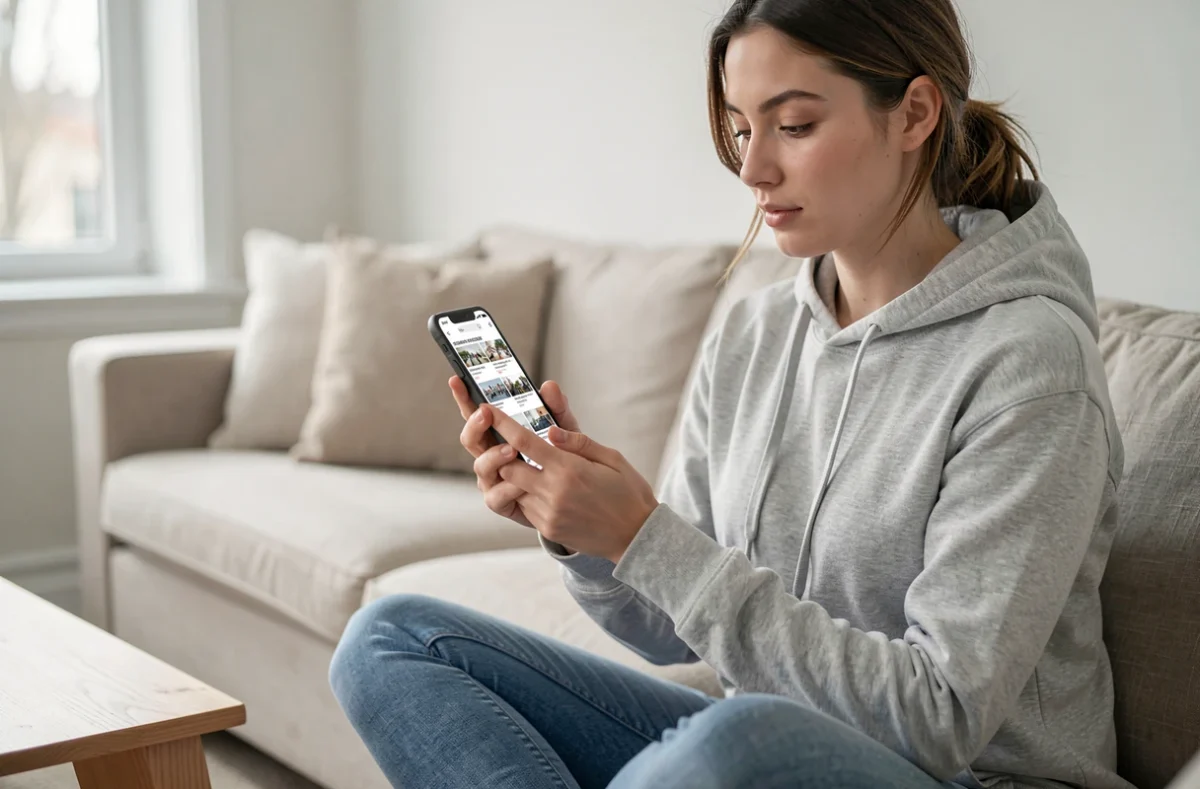 Jeune femme recherchant des annonces sur une application mobile depuis son canapé