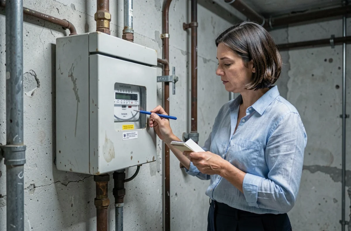 Femme relevant l'index d'un compteur d'eau dans une cave d'immeuble lors d'une résiliation de contrat au moment d'un déménagement