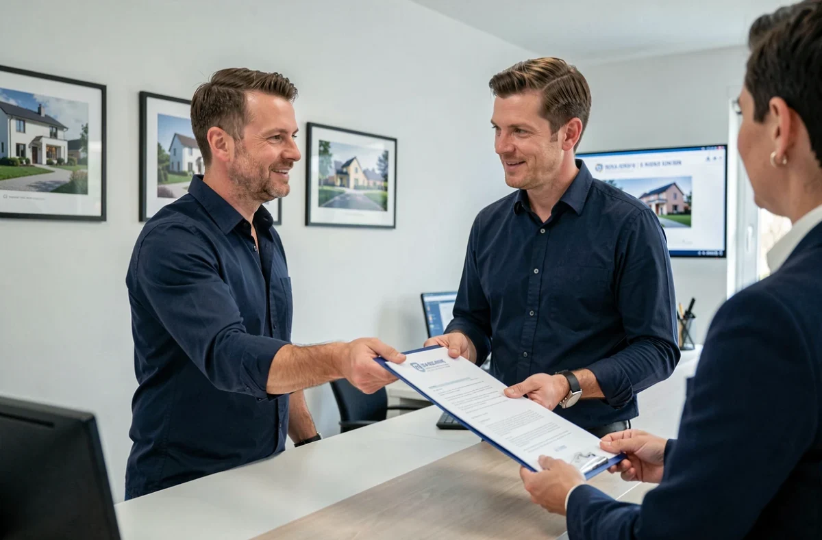 Homme remettant des documents d'assurance habitation à un agent immobilier au guichet