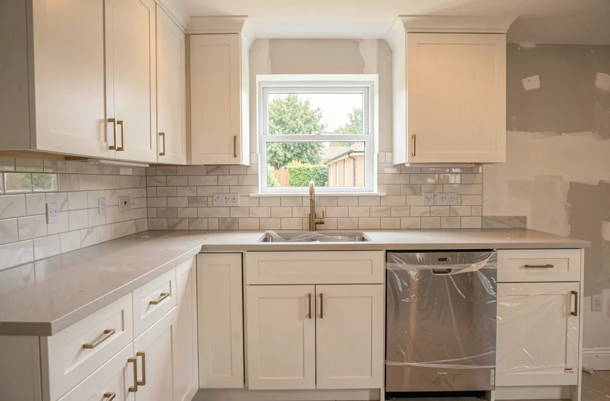 Cuisine moderne rénovée avec placards blancs et plan de travail en quartz pour valoriser une maison