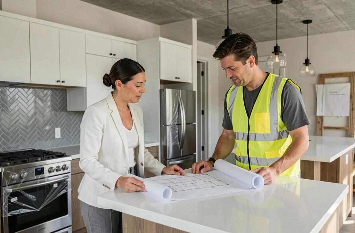 Architecte et entrepreneur discutant des plans de rénovation d'une cuisine moderne rénovée pour valoriser une maison