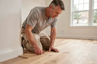 Artisan posant un parquet en chêne clair dans un salon rénové pour augmenter la valeur immobilière