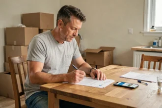 Homme assis à une table de cuisine en train de signer des documents de résiliation d'abonnement à l'eau lors d'un déménagement