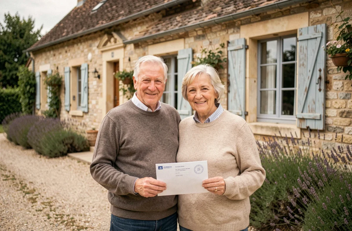 Couple de retraités devant leur maison de campagne française tenant une lettre d'exonération de taxe foncière