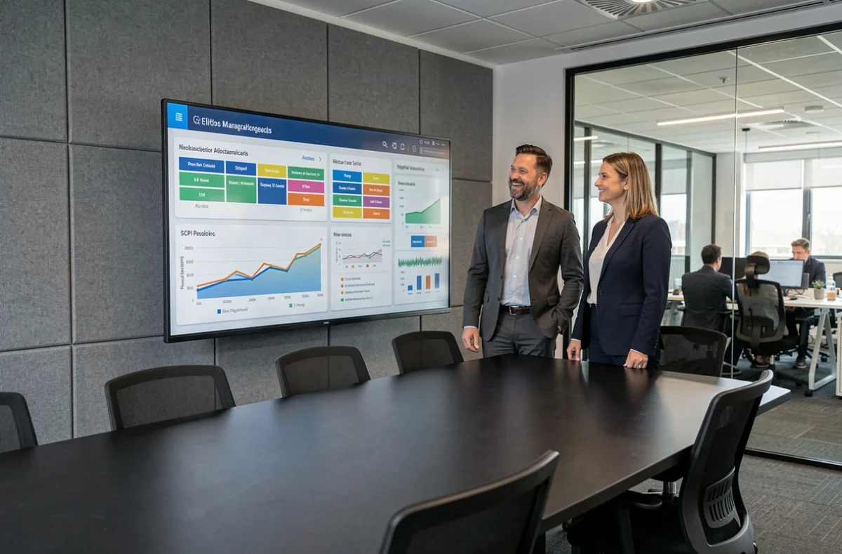 Deux conseillers en gestion de patrimoine présentant des graphiques de performance de SCPI sur un écran interactif