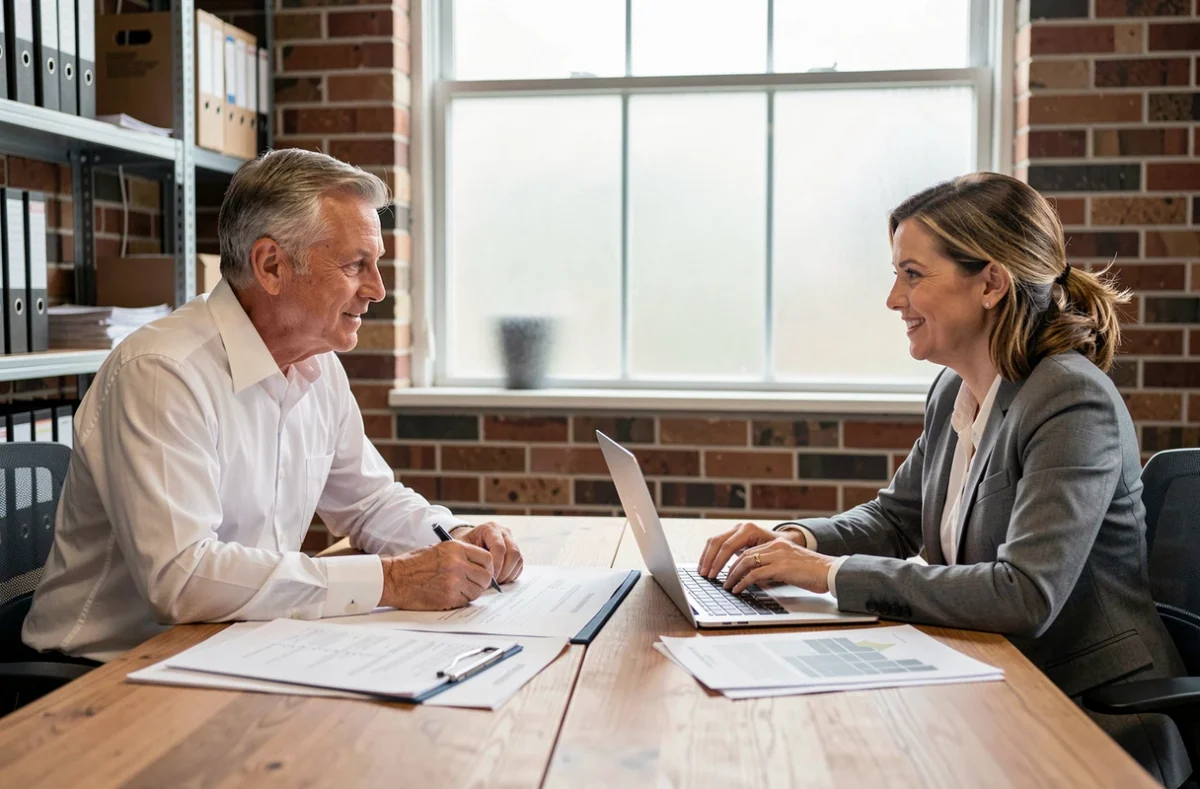 Expert en bâtiment et architecte discutant d'un rapport d'expertise immobilière autour d'une table de réunion