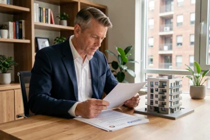 Propriétaire immobilier analysant les documents de revente d'un bien Duflot dans un bureau à domicile moderne