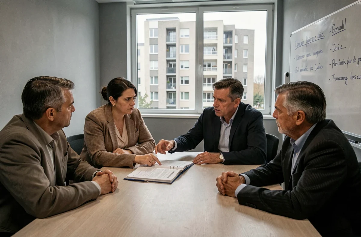 Réunion tendue de copropriétaires lors d'une assemblée générale de gestion d'immeuble