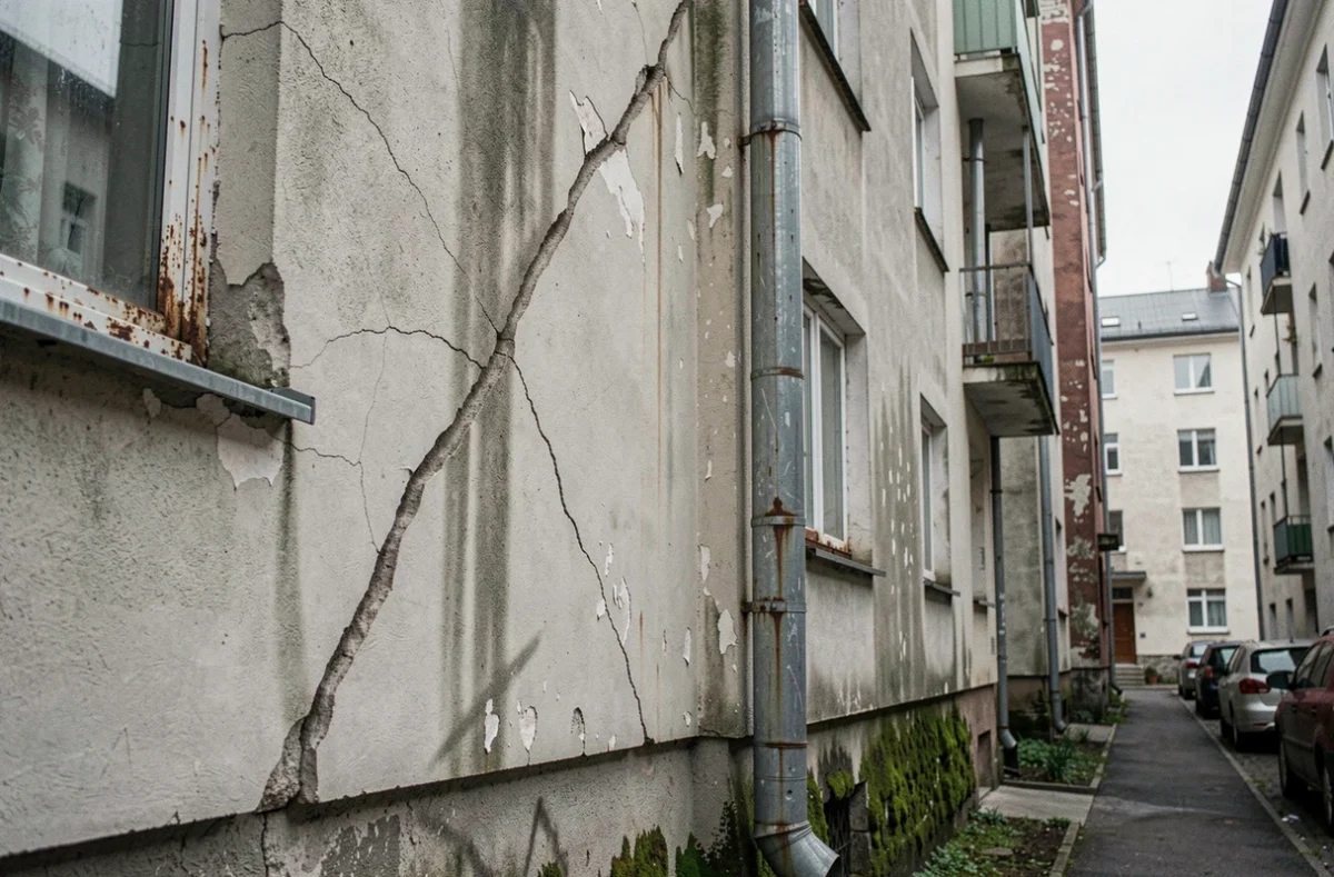 Façade d'immeuble en copropriété avec fissures et défauts d'entretien visibles