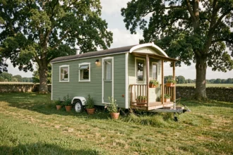 Roulotte en bois de style berger installée sur un terrain privé rural avec jardin et mur en pierre