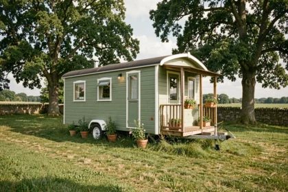 Roulotte en bois de style berger installée sur un terrain privé rural avec jardin et mur en pierre