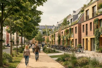 Rue piétonne d'un écoquartier européen avec bâtiments à toits végétalisés, panneaux solaires et jardins verticaux