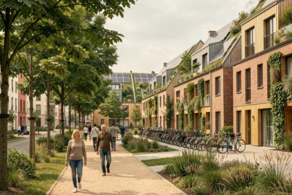 Rue piétonne d'un écoquartier européen avec bâtiments à toits végétalisés, panneaux solaires et jardins verticaux