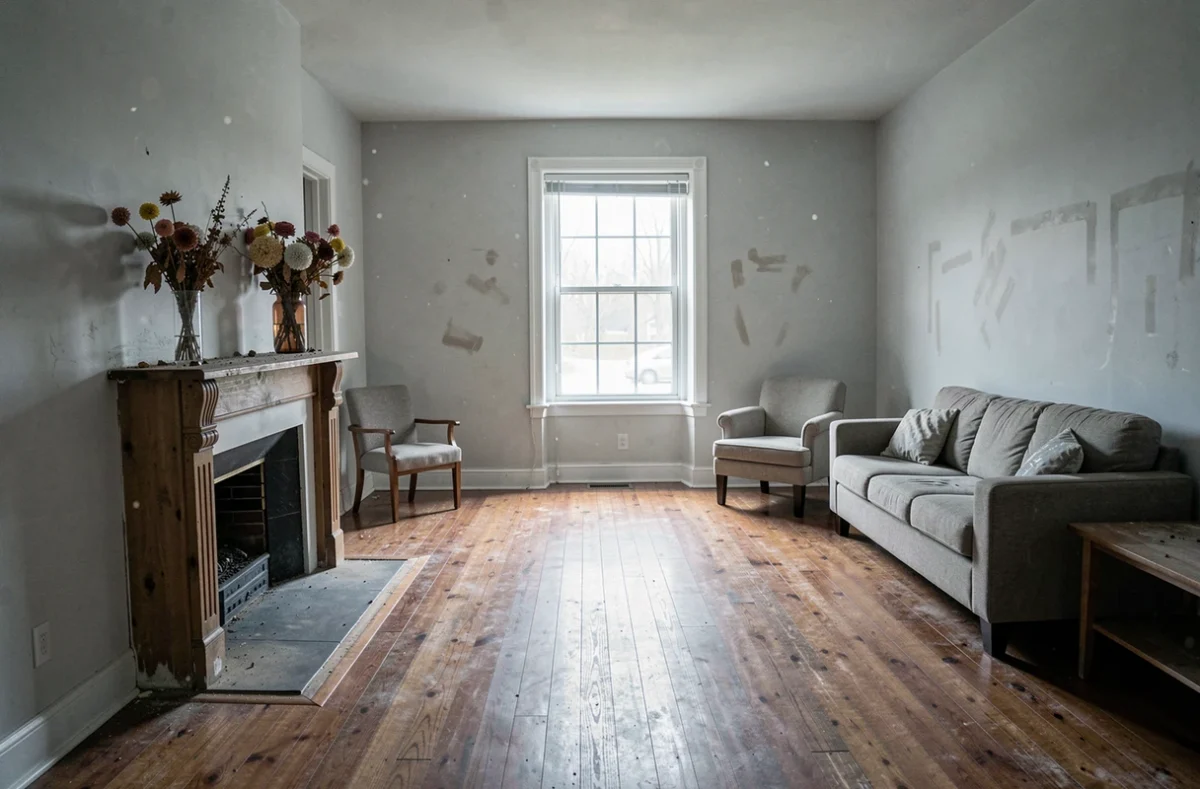 Salon vide d'une maison en vente depuis longtemps avec mobilier de home staging et traces au mur
