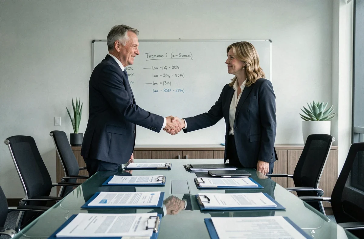 Deux professionnels signant un accord de prêt in fine autour d'une table de conférence avec des documents financiers