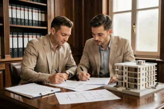 Couple signant un contrat de réservation pour un appartement neuf chez un notaire